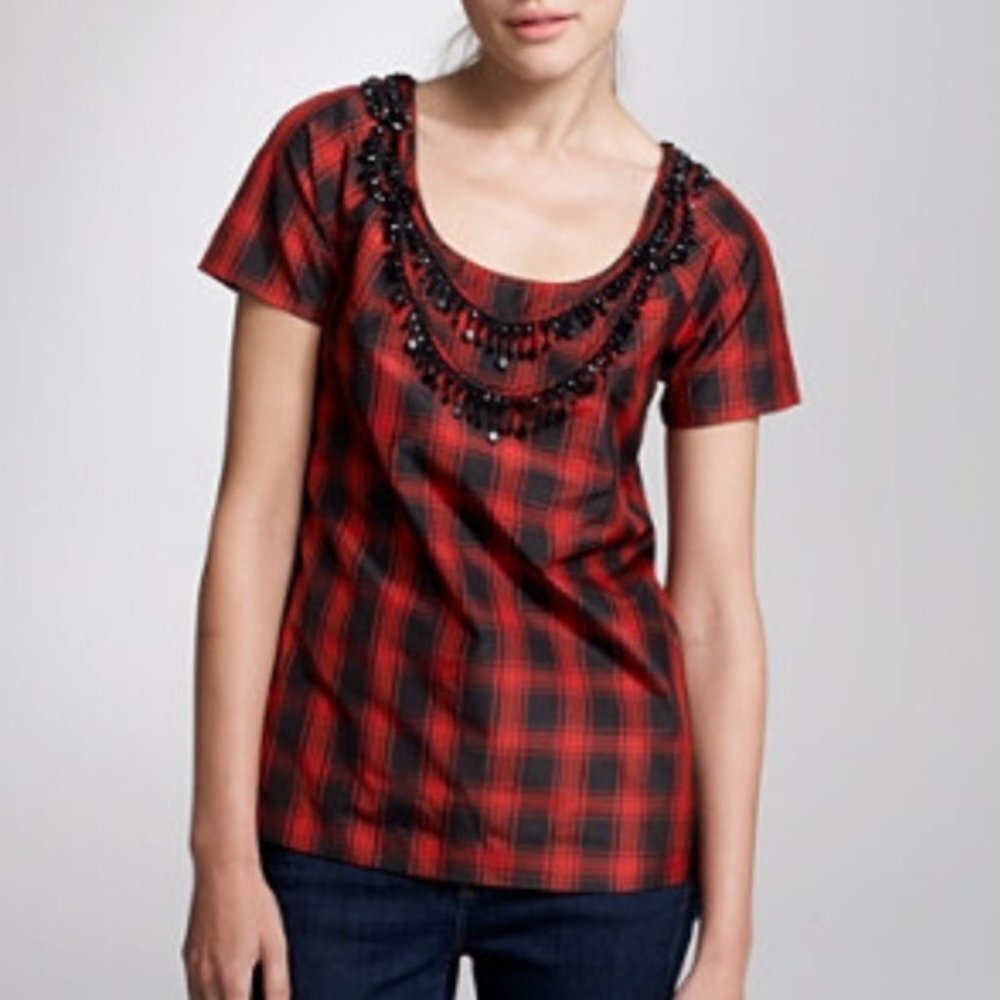 J. CREW | Buffalo Check Silk Beaded Neckline Blouse Sz 6
